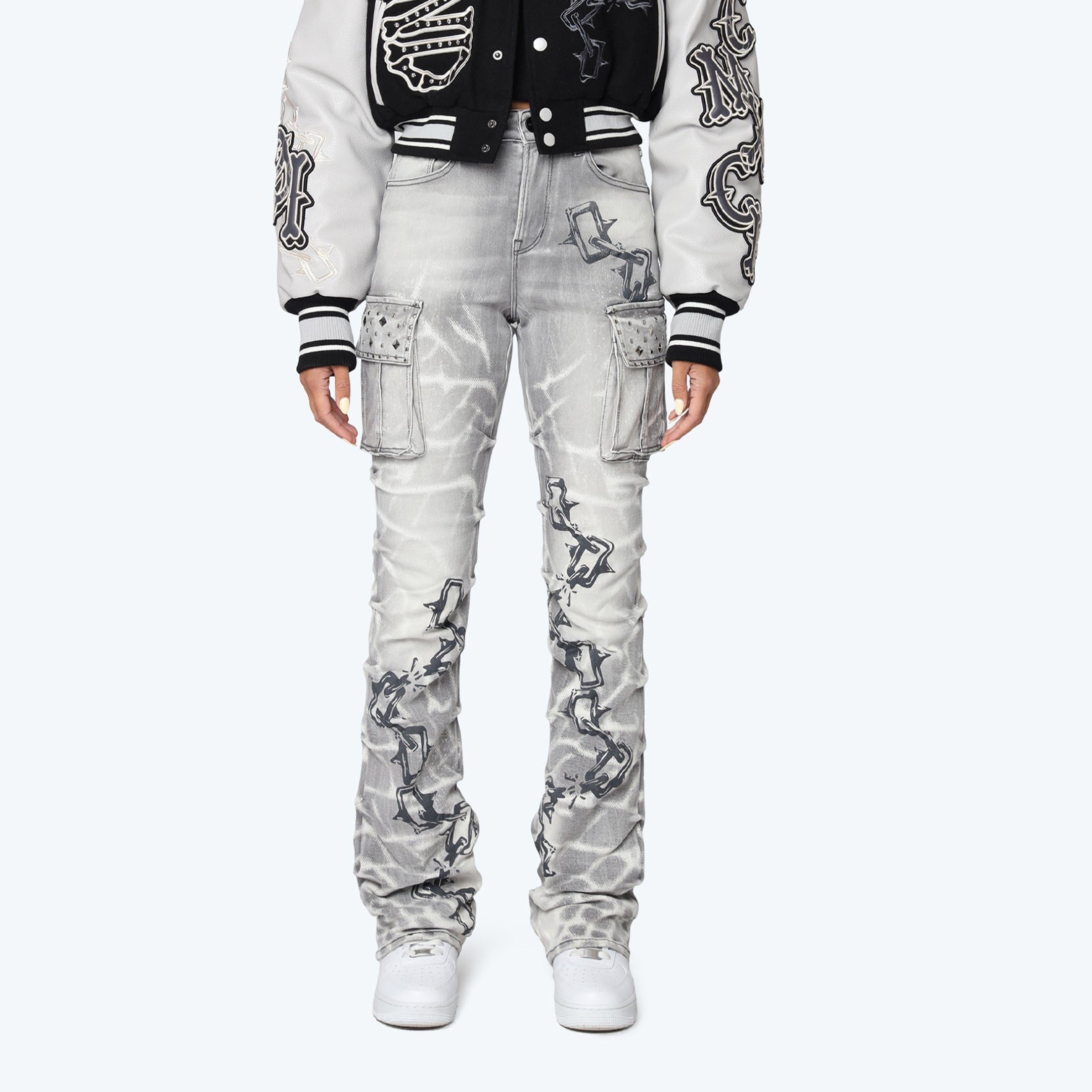 High Rise Stacked Chain Jeans - Pumice Grey