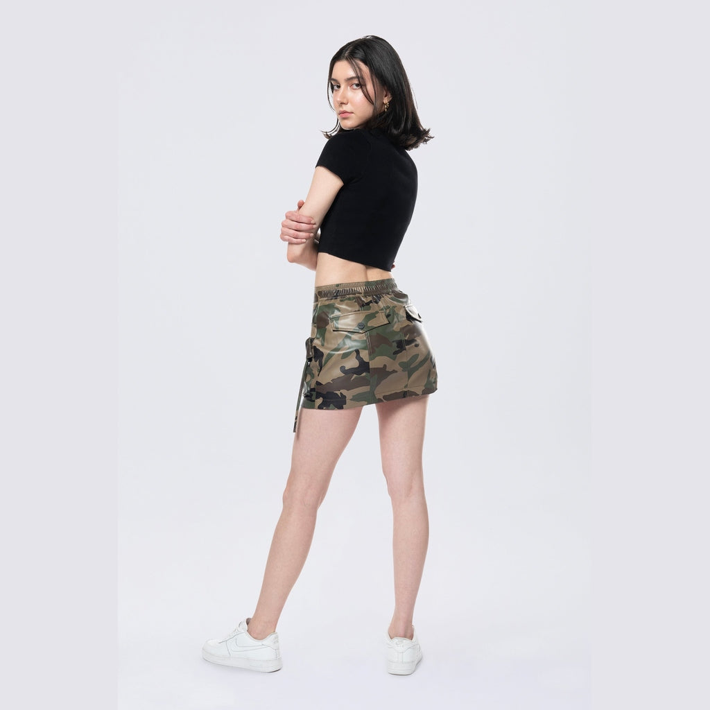 Smoke Rise RED Utility Vegan Leather Mini Skirt - Wood Camo