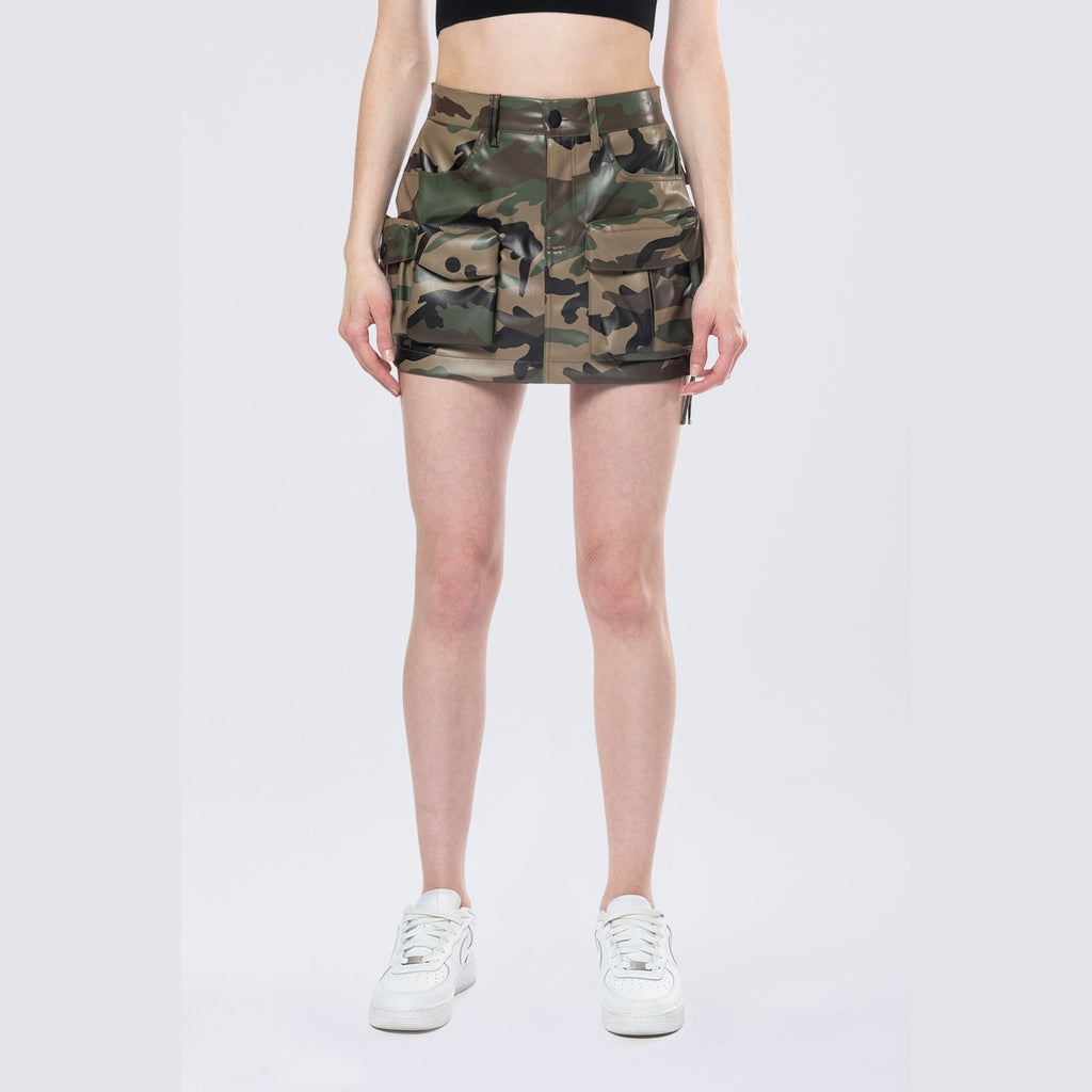 Smoke Rise RED Utility Vegan Leather Mini Skirt - Wood Camo
