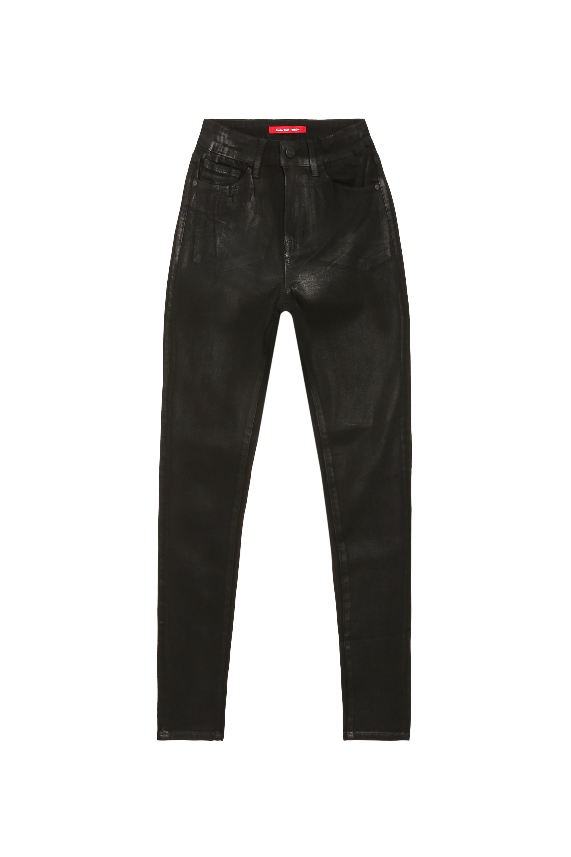 High Rise Slim Skinny Wax Coated Denim Jeans - Polished Black