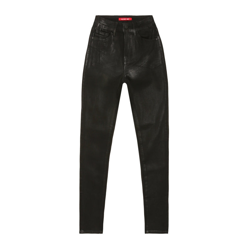 Smoke Rise RED High Rise Slim Skinny Wax Coated Denim Jeans - Polished Black