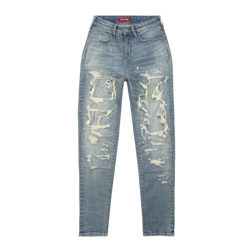 Smoke Rise RED High Rise Rip Off Tapered Denim Jeans - Lisbon Blue