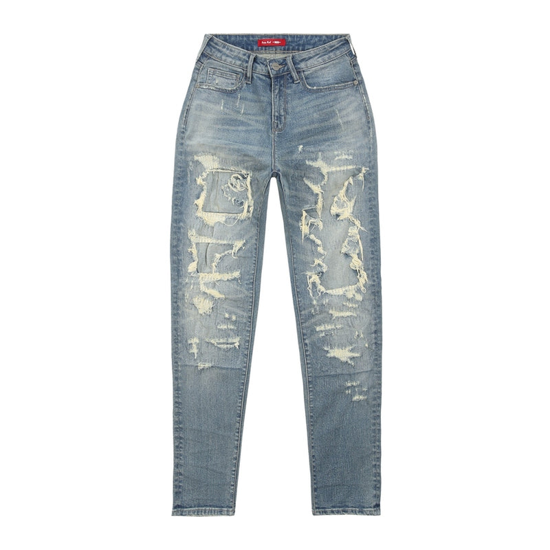 High Rise Rip Off Tapered Denim Jeans