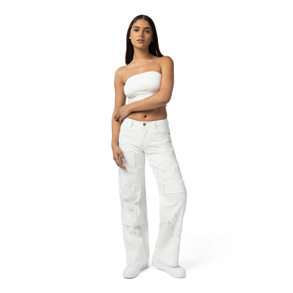 Smoke Rise RED Mid Rise Rip Off Wide Leg Denim Jeans - White