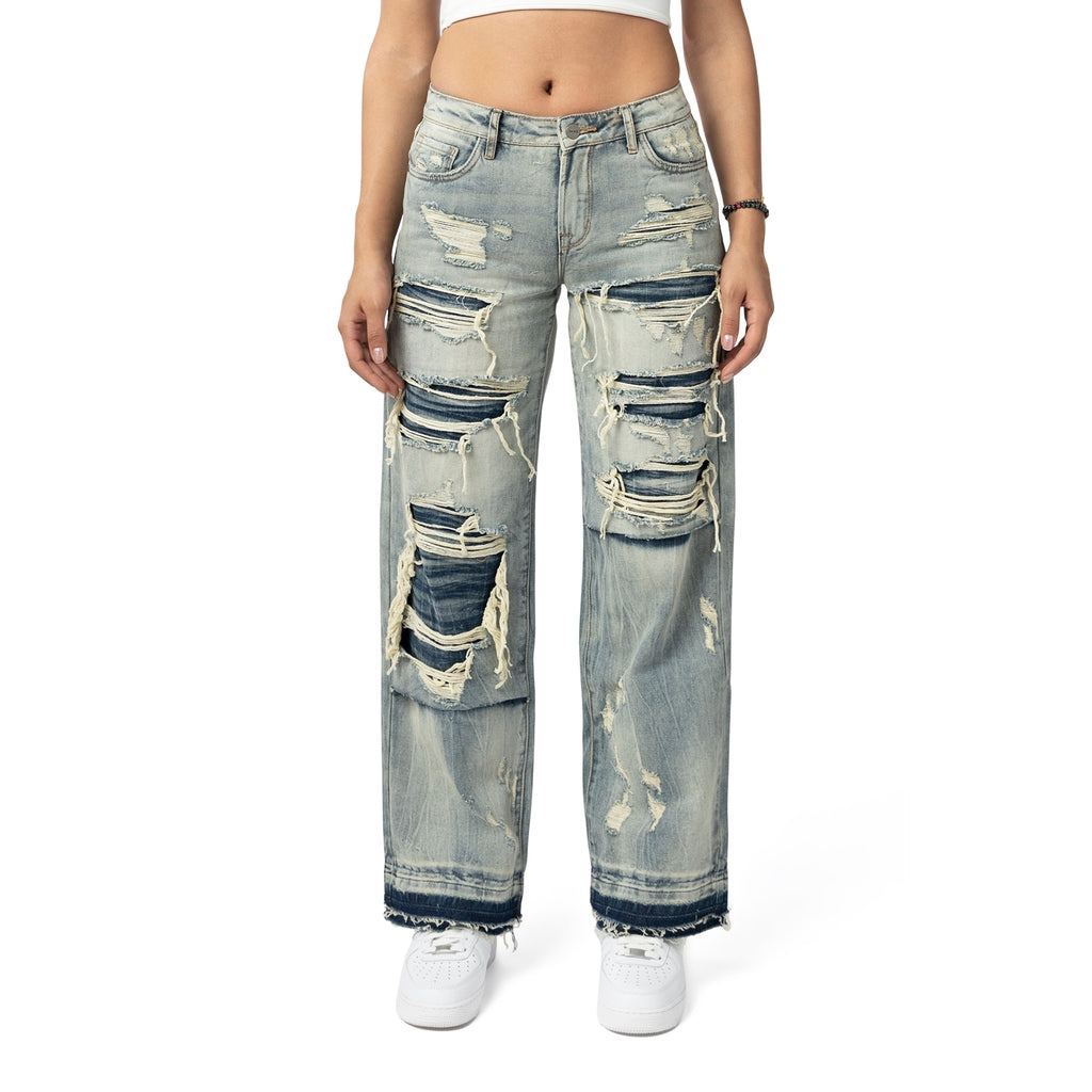 Smoke Rise RED Mid Rise Rip Off Wide Leg Denim Jeans - Industrial Blue