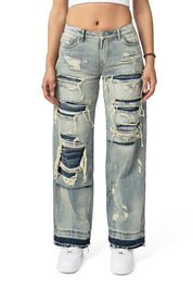 Mid Rise Rip Off Wide Leg Denim Jeans - Industrial Blue