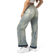 Smoke Rise RED Mid Rise Rip Off Wide Leg Denim Jeans - Industrial Blue