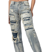 Smoke Rise RED Mid Rise Rip Off Wide Leg Denim Jeans - Industrial Blue