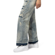 Smoke Rise RED Mid Rise Rip Off Wide Leg Denim Jeans - Industrial Blue