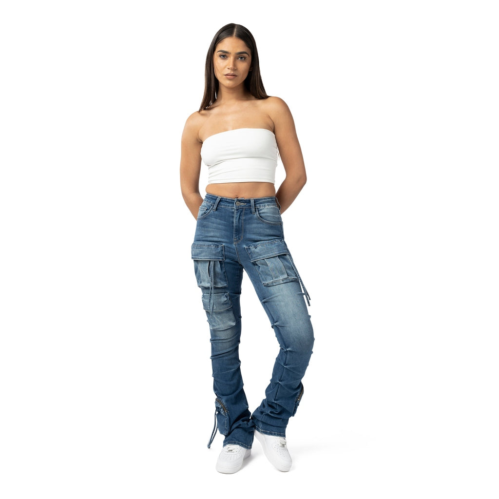 Smoke Rise RED High Rise Cargo Stacked Denim Jeans - Southport Blue