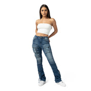 Smoke Rise RED High Rise Cargo Stacked Denim Jeans - Southport Blue