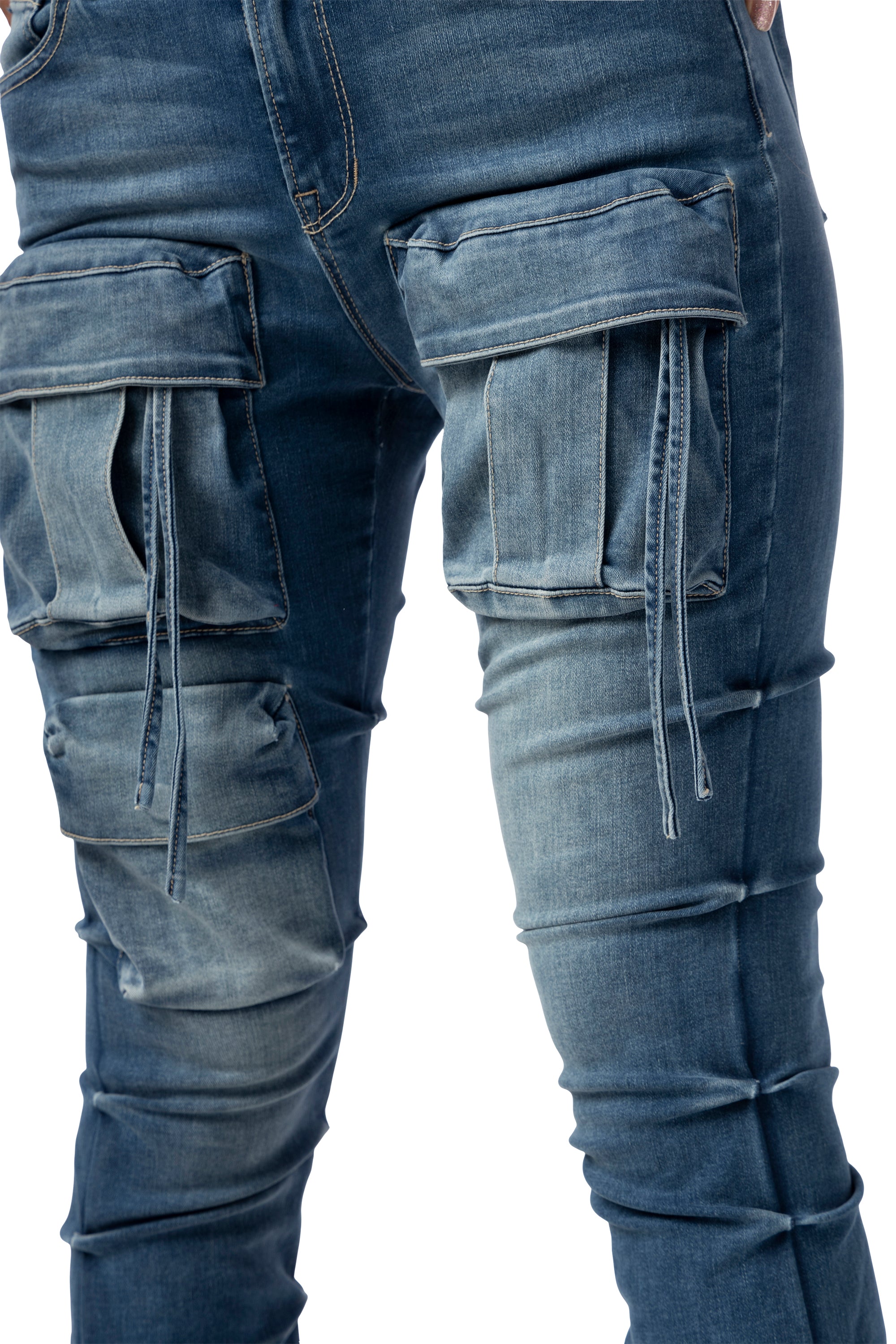 High Rise Cargo Stacked Denim Jeans - Southport Blue