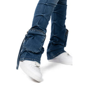 Smoke Rise RED High Rise Cargo Stacked Denim Jeans - Southport Blue