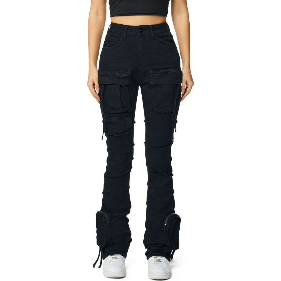 Smoke Rise RED High Rise Cargo Stacked Denim Jeans - Deep Black