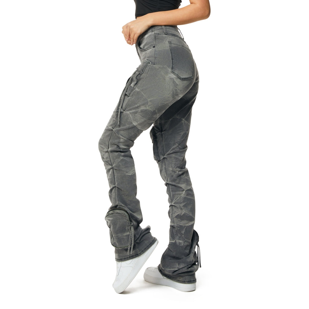 Smoke Rise RED High Rise Cargo Stacked Denim Jeans - Twinkle Grey