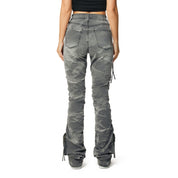 Smoke Rise RED High Rise Cargo Stacked Denim Jeans - Twinkle Grey