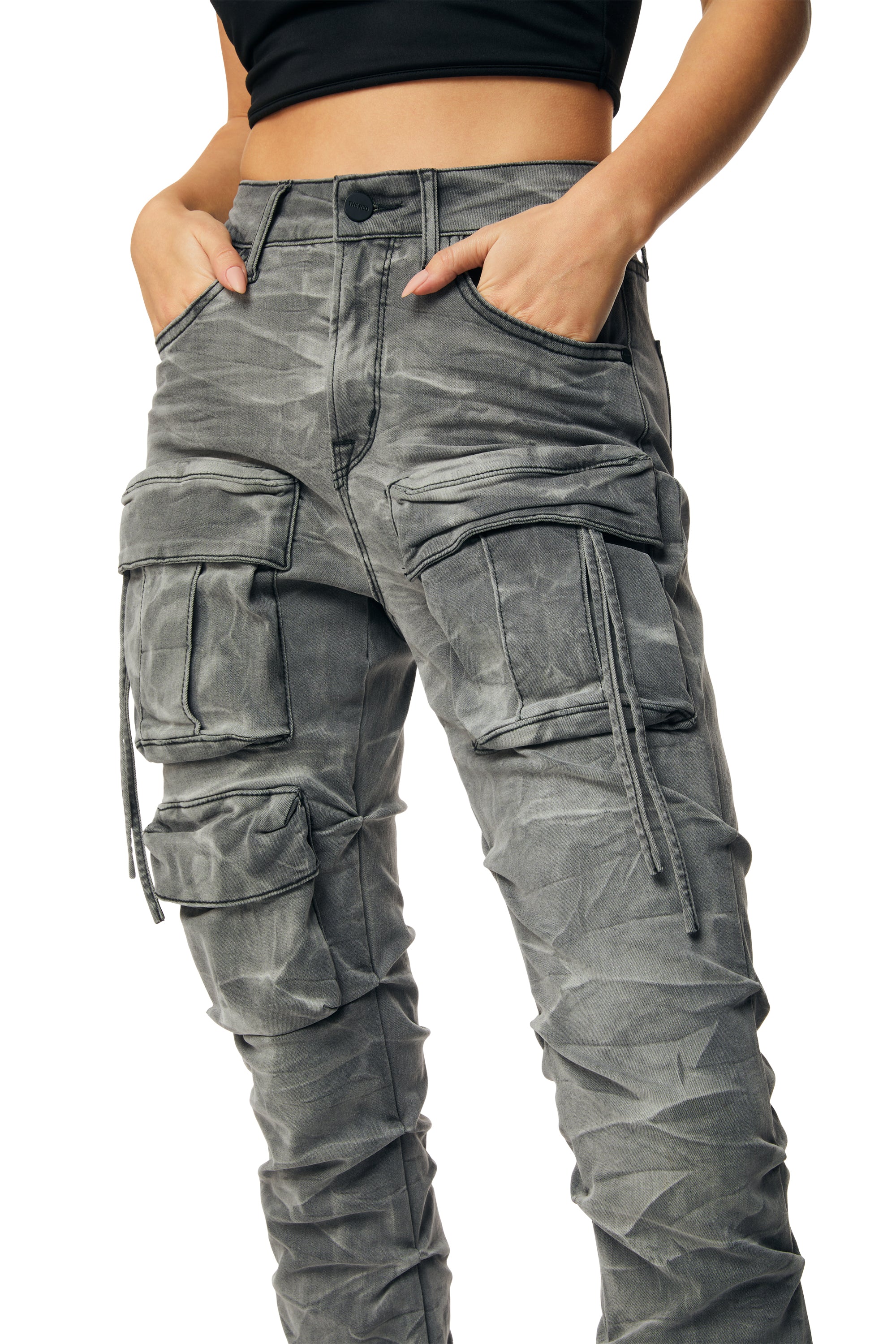 High Rise Cargo Stacked Denim Jeans - Twinkle Grey