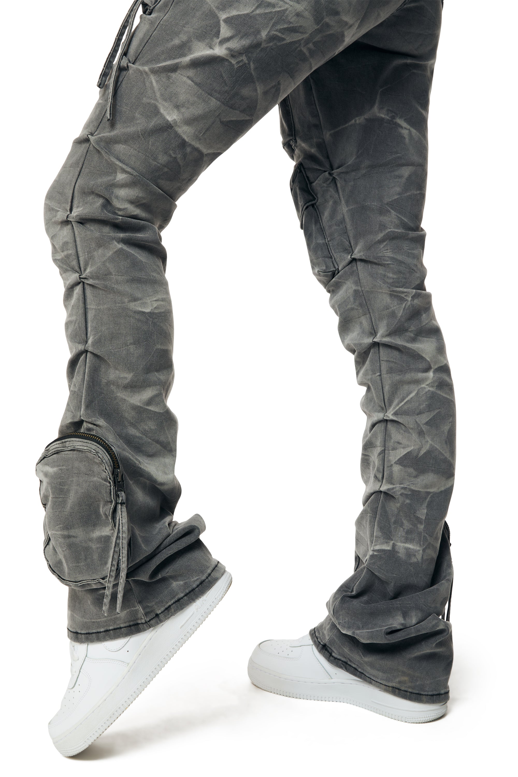 High Rise Cargo Stacked Denim Jeans - Twinkle Grey