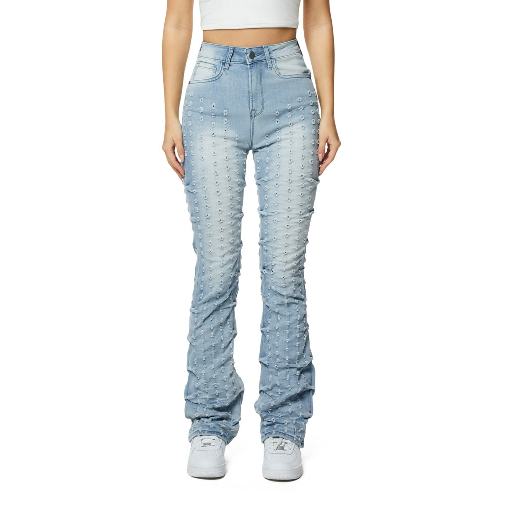 Smoke Rise RED High Rise Punched Bootcut Denim Jeans - Sky Blue