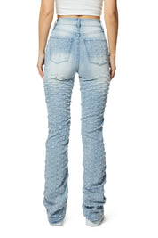 High Rise Punched Bootcut Denim Jeans - Sky Blue