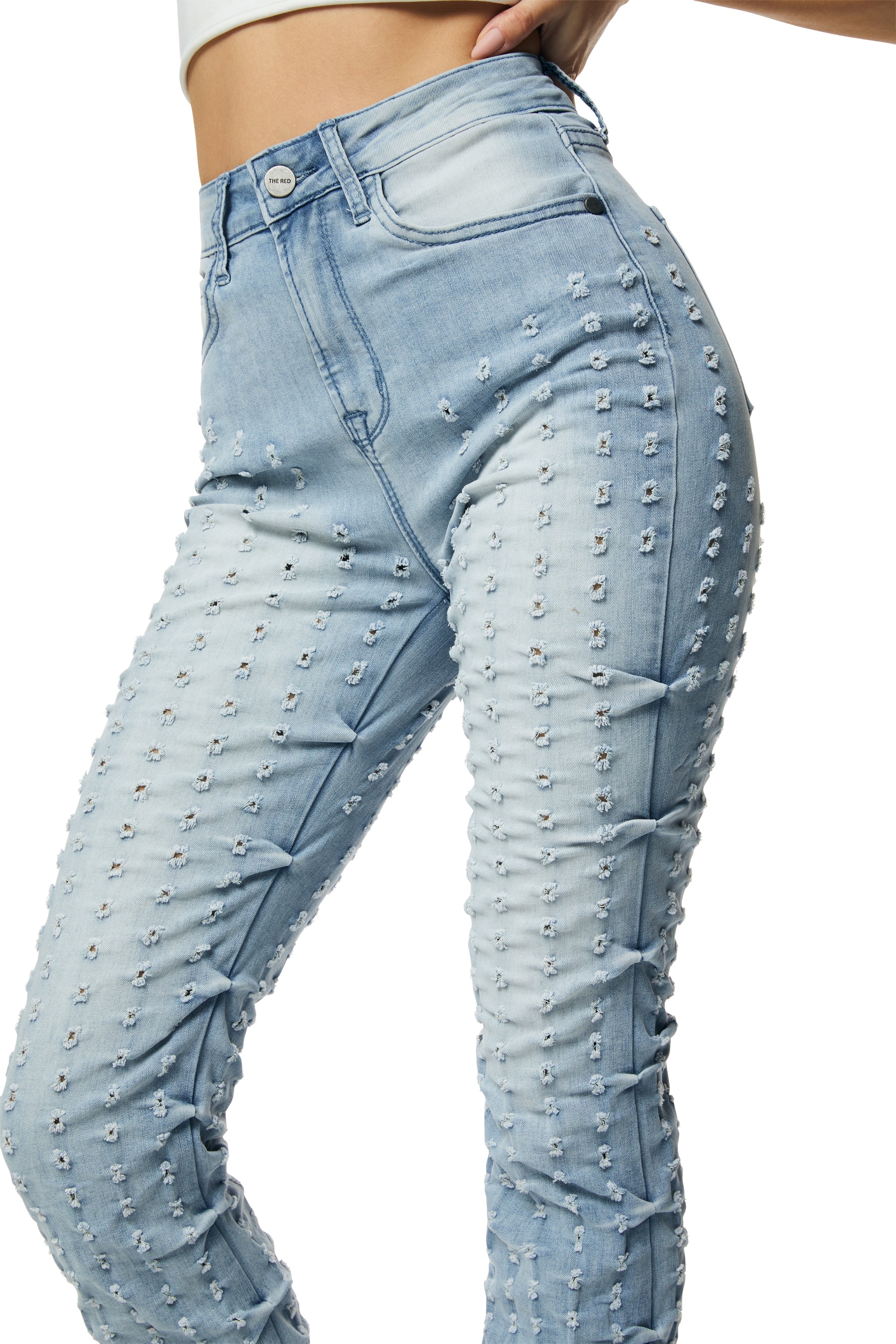 High Rise Punched Bootcut Denim Jeans - Sky Blue
