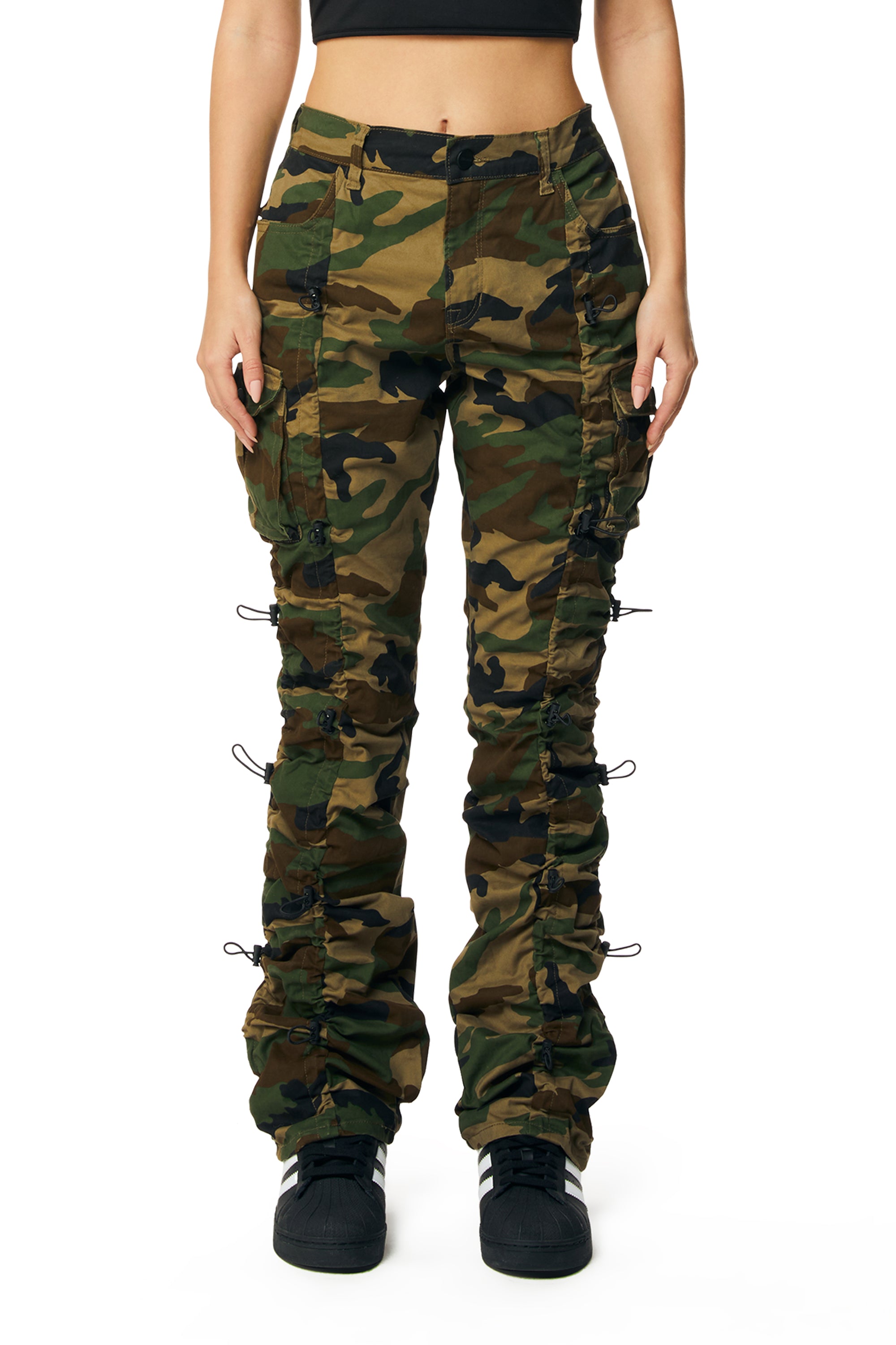 High Rise Multi Bungee Stacked Twill Pants - Wood Camo