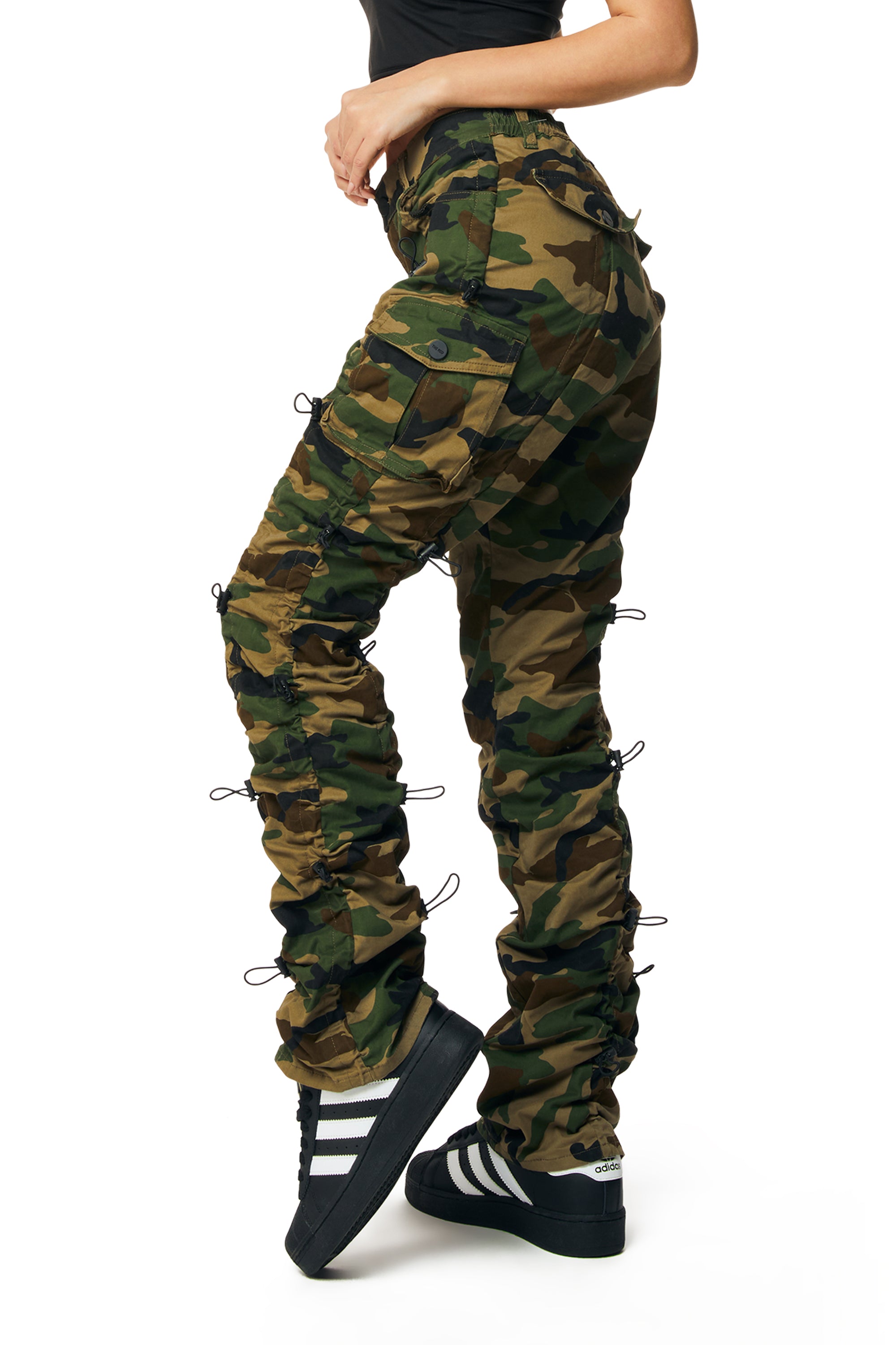 High Rise Multi Bungee Stacked Twill Pants - Wood Camo