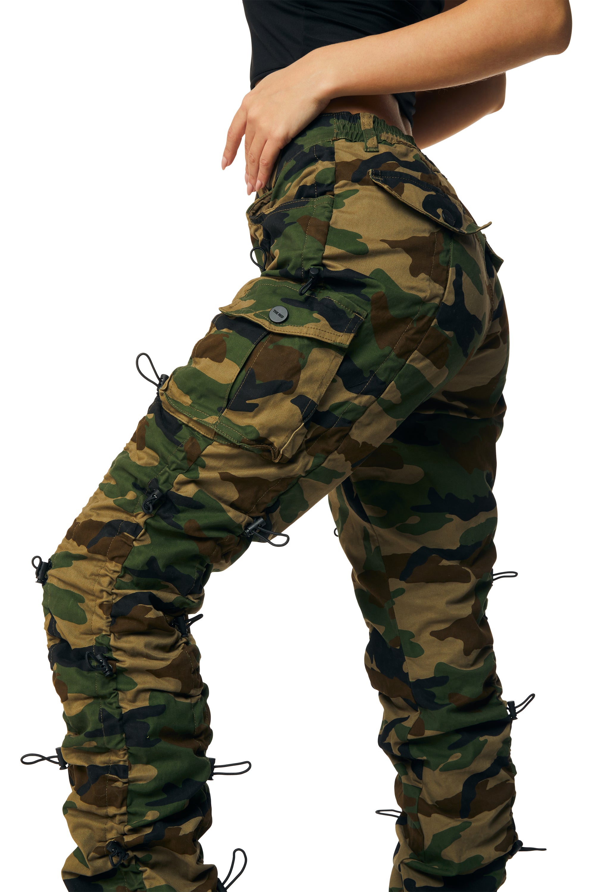 High Rise Multi Bungee Stacked Twill Pants - Wood Camo