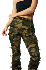 High Rise Multi Bungee Stacked Twill Pants - Wood Camo