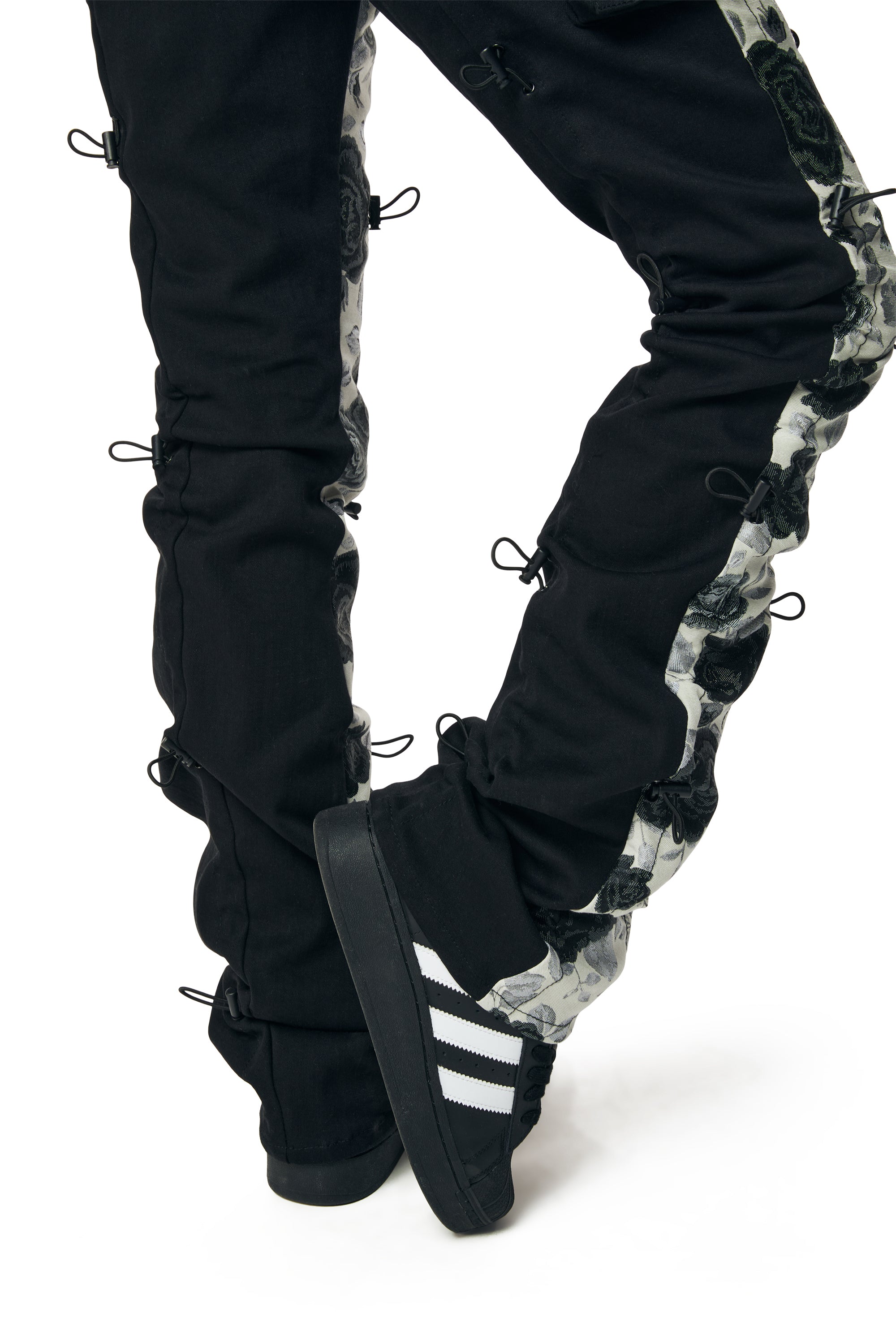 High Rise Flower Stacked Twill Pants - Black