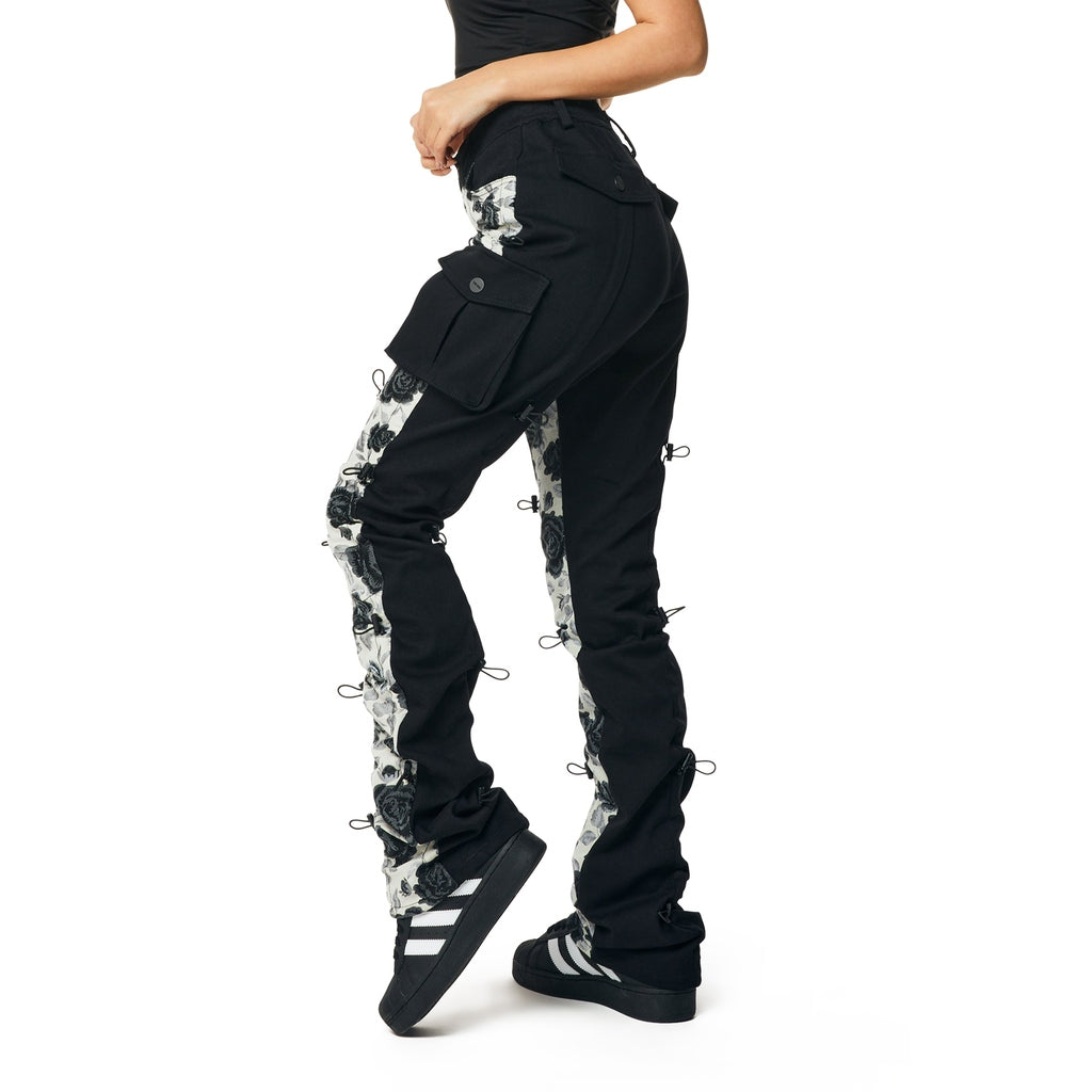 Smoke Rise RED High Rise Flower Stacked Twill Pants - Black