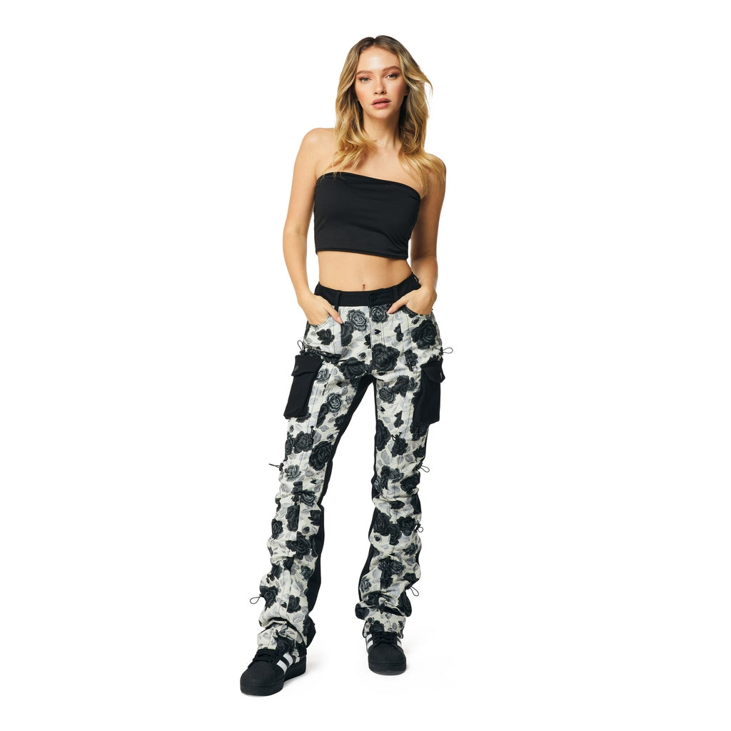 Smoke Rise RED High Rise Flower Stacked Twill Pants - Black