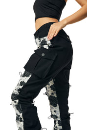 High Rise Flower Stacked Twill Pants - Black