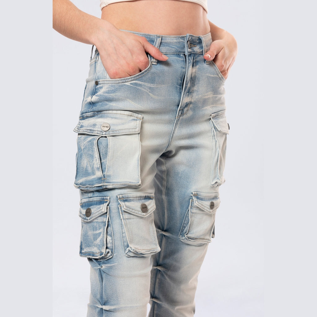 Smoke Rise RED High Rise Stacked Cargo Jeans - Santorini Blue