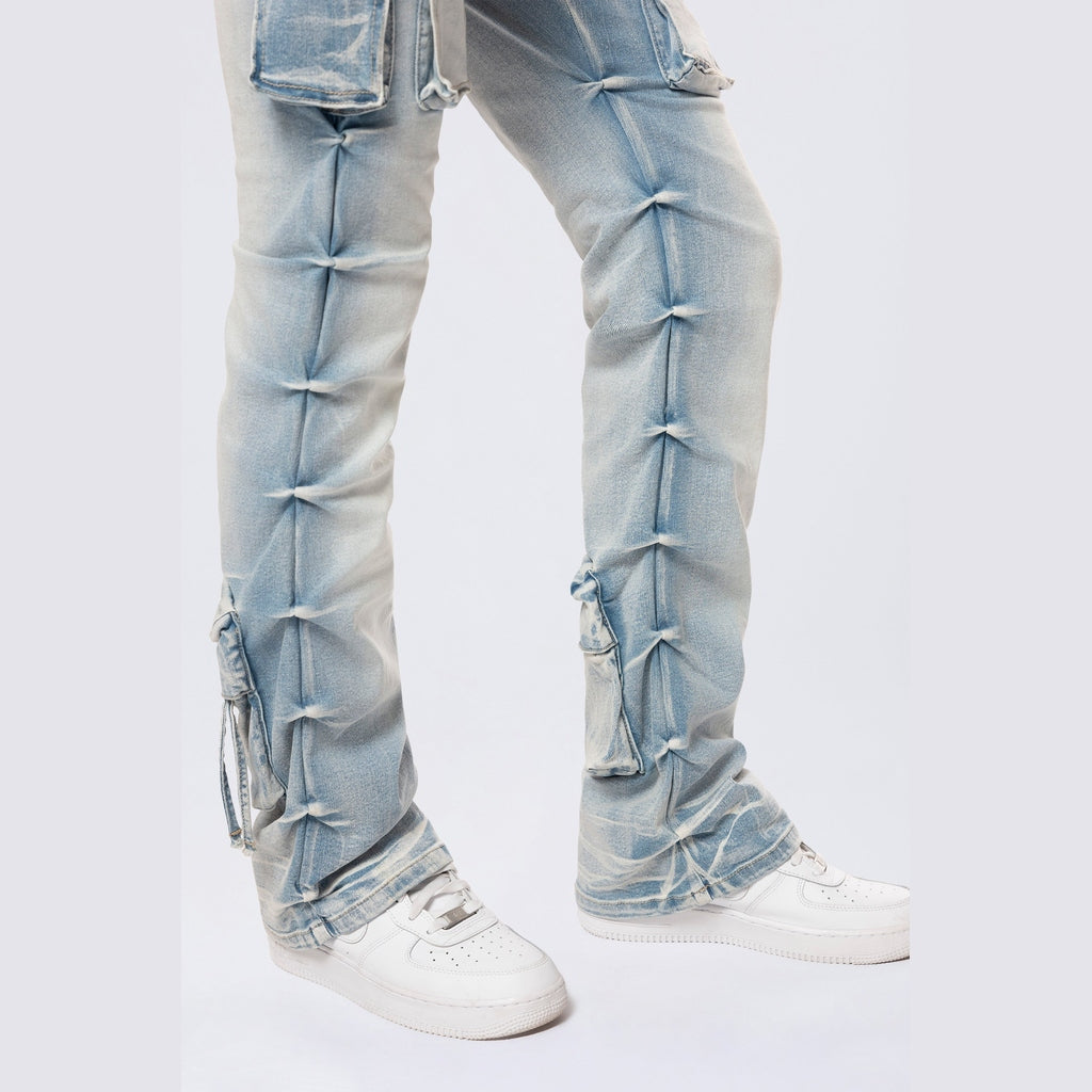Smoke Rise RED High Rise Stacked Cargo Jeans - Santorini Blue