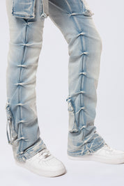 High Rise Stacked Cargo Jeans - Santorini Blue