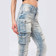 Smoke Rise RED High Rise Stacked Cargo Jeans - Santorini Blue