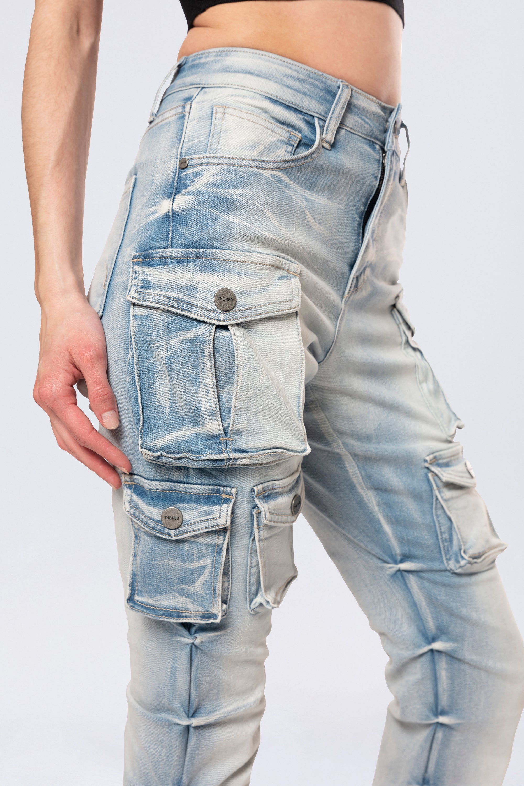 High Rise Stacked Cargo Jeans - Santorini Blue