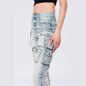 Smoke Rise RED High Rise Stacked Cargo Jeans - Santorini Blue