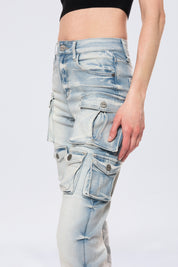 High Rise Stacked Cargo Jeans - Santorini Blue