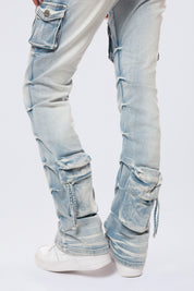 High Rise Stacked Cargo Jeans - Santorini Blue