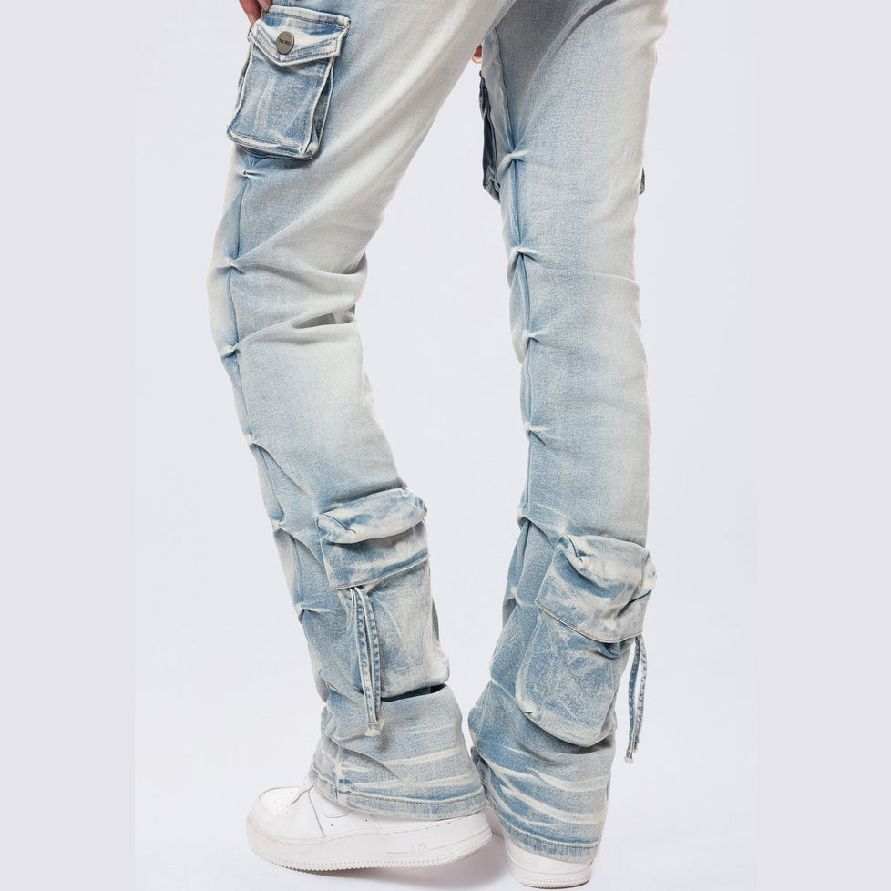 Smoke Rise RED High Rise Stacked Cargo Jeans - Santorini Blue
