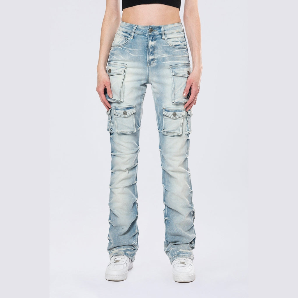 Smoke Rise RED High Rise Stacked Cargo Jeans - Santorini Blue
