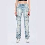 Smoke Rise RED High Rise Stacked Cargo Jeans - Santorini Blue