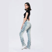 Smoke Rise RED High Rise Stacked Cargo Jeans - Santorini Blue