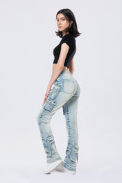 High Rise Stacked Cargo Jeans - Santorini Blue