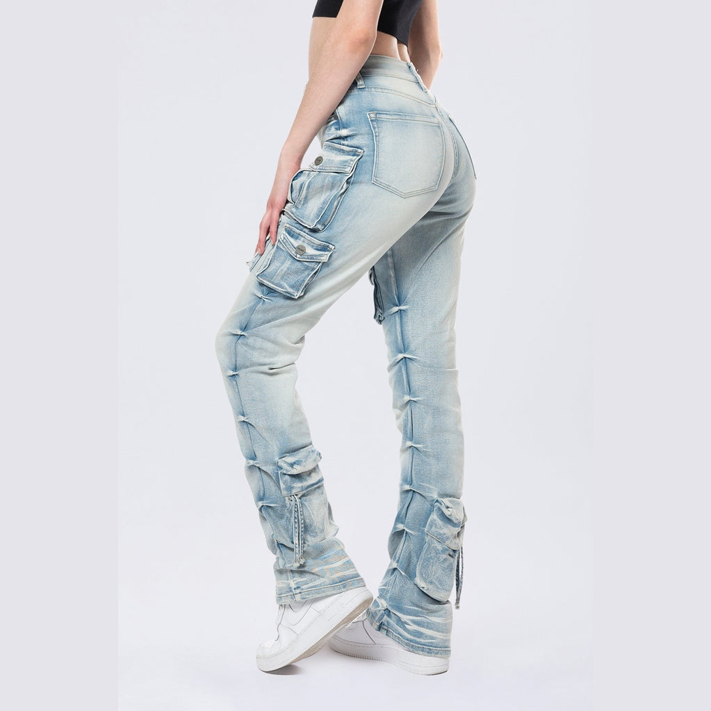 Smoke Rise RED High Rise Stacked Cargo Jeans - Santorini Blue