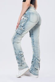 High Rise Stacked Cargo Jeans - Santorini Blue