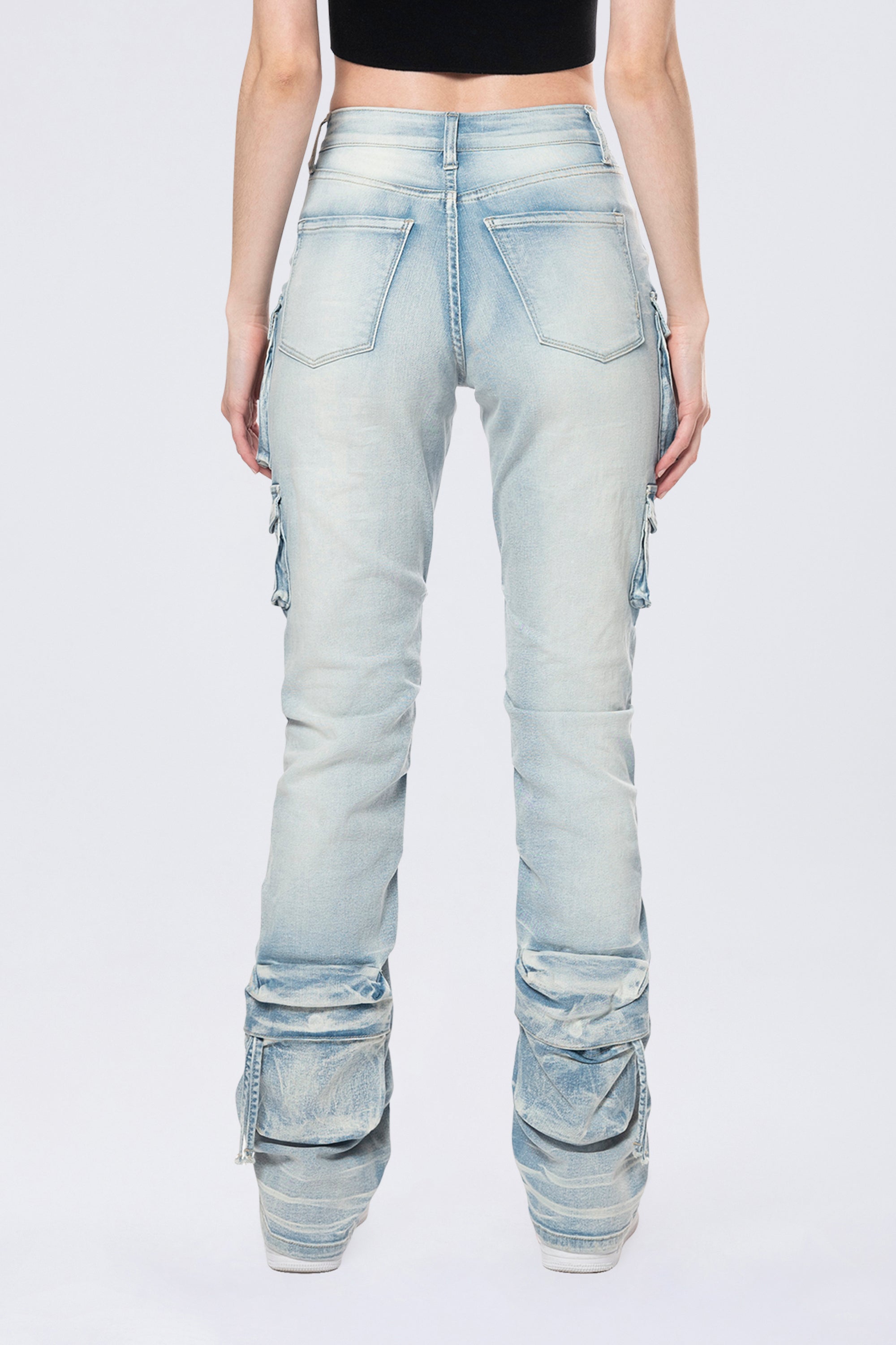 High Rise Stacked Cargo Jeans - Santorini Blue