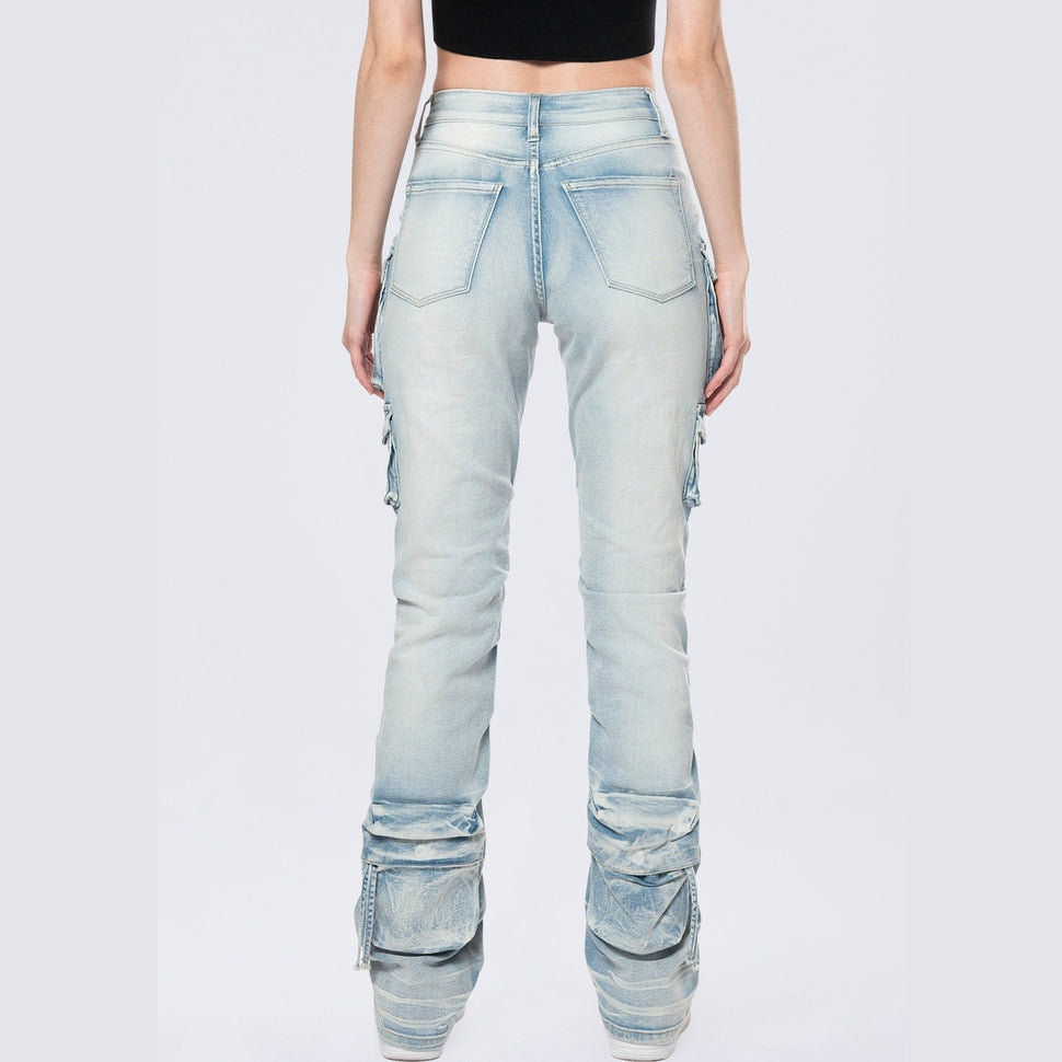 Smoke Rise RED High Rise Stacked Cargo Jeans - Santorini Blue